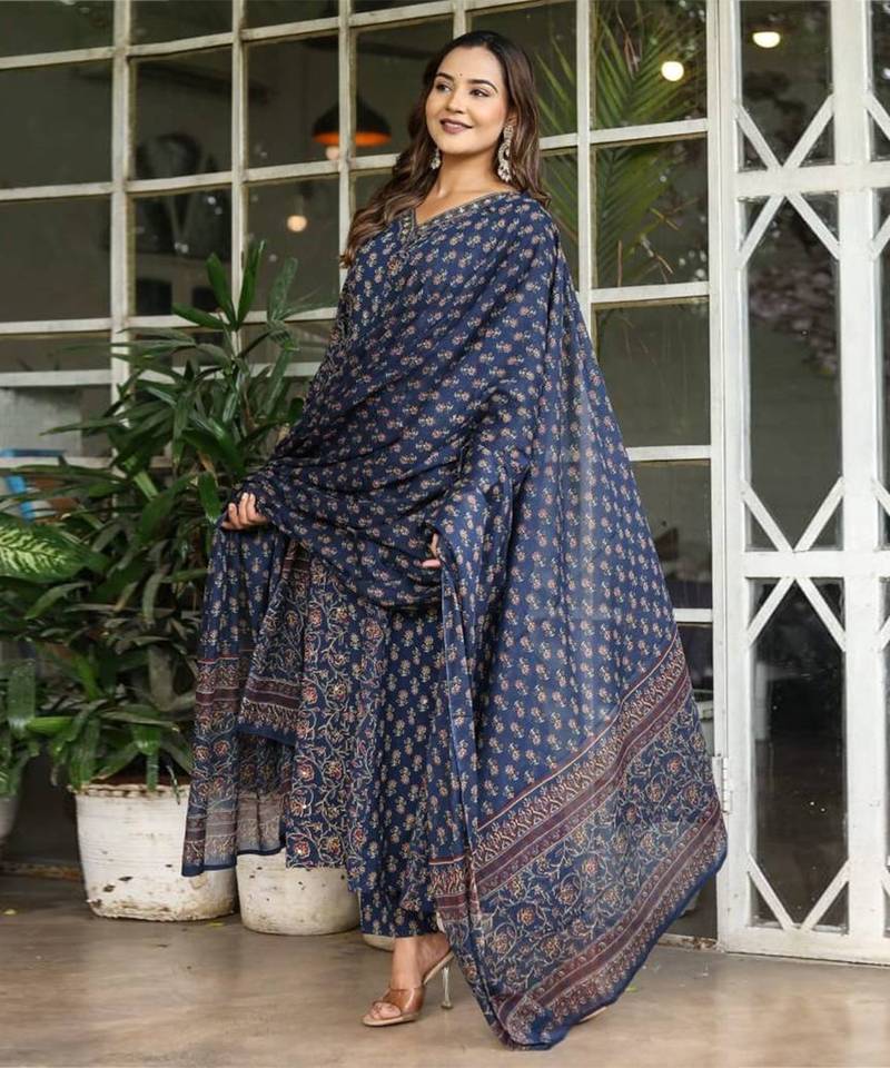 Blue cotton cambric printed anarkali kurti with pant & mulmul dupatta, hand & mirror work