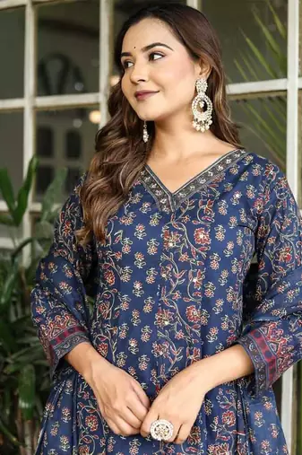 Navy Blue Printed Cotton Kurta Set
