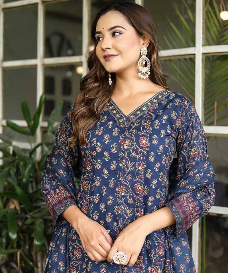 Navy Blue Printed Cotton Kurta Set