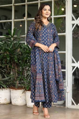Navy Blue Printed Cotton Kurta Set