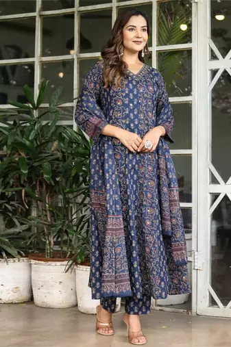 Navy Blue Printed Cotton Kurta Set