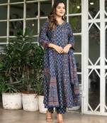 Navy Blue Printed Cotton Kurta Set