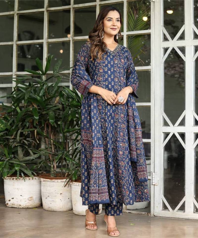 Navy Blue Printed Cotton Kurta Set