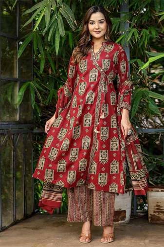 Maroon cotton printed angrakha kurti with pant & dupatta     mirror & hand work