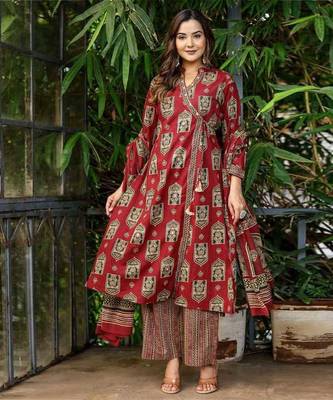 Maroon cotton angrakha kurti set 1