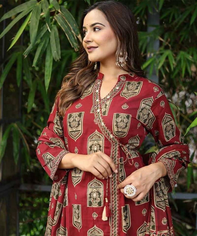 Maroon cotton angrakha kurti set