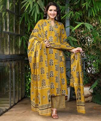 Mustard cotton printed angrakha kurti with pant & dupatta     mirror & hand work 1
