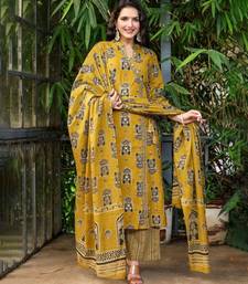 Mustard cotton printed angrakha kurti with pant & dupatta     mirror & hand work
