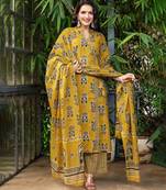 Mustard cotton printed angrakha kurti with pant & dupatta     mirror & hand work