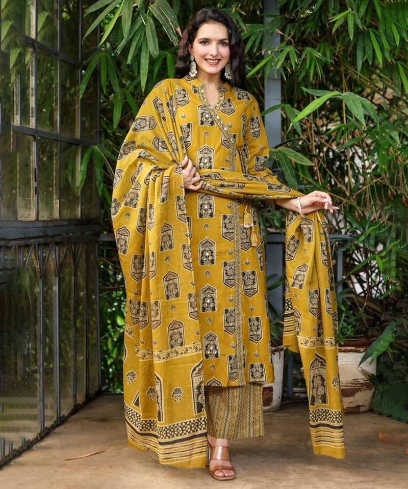 Mustard cotton printed angrakha kurti with pant & dupatta     mirror & hand work