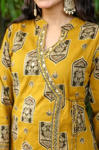 Mustard cotton printed angrakha kurti with pant & dupatta     mirror & hand work