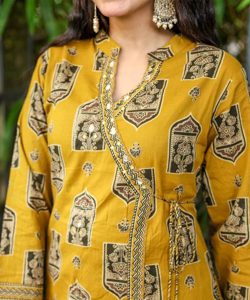 Mustard cotton printed angrakha kurti with pant & dupatta     mirror & hand work