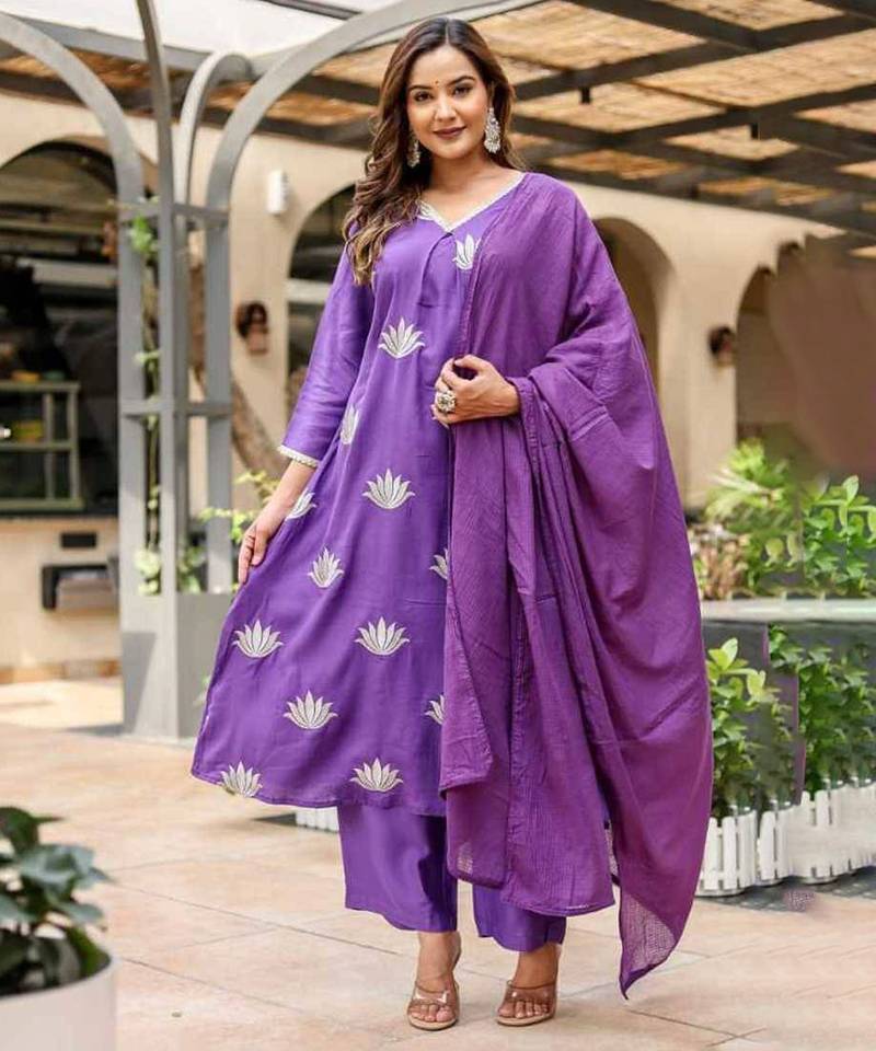 Purple cotton satin a-line kurti with pant & kota check dupatta | zari & lace work