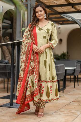 Light green cotton cambric anarkali kurti with pant & dupatta | hand work & side tassels