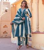 Blue & white cotton a-line kurta set