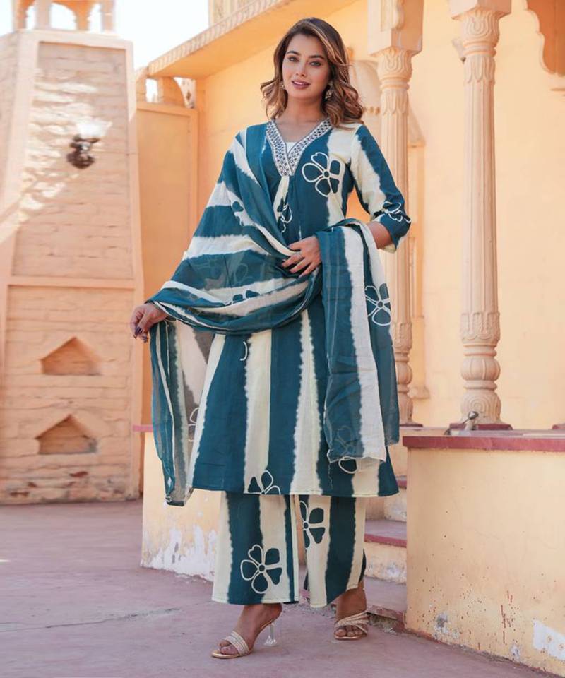 Blue & white cotton a-line anarkali kurti with palazzo & dupatta | embroidery & mirror work