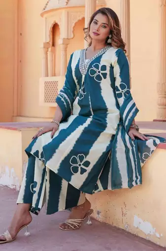 Blue & white cotton a-line kurta set
