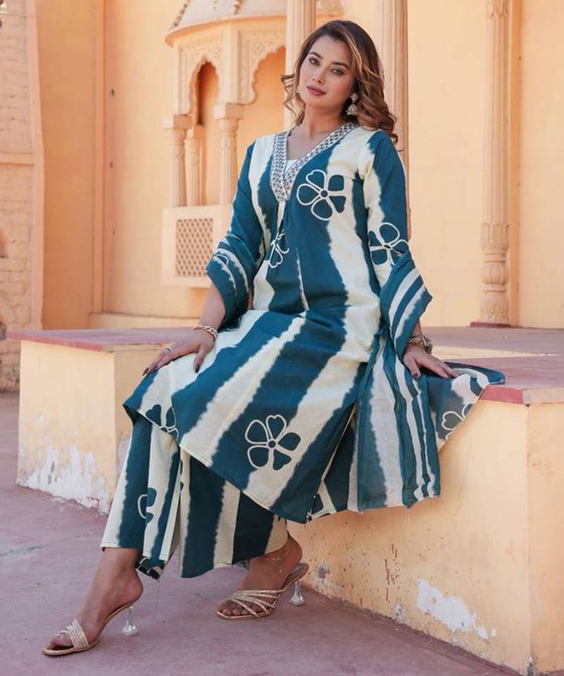 Blue & white cotton a-line kurta set