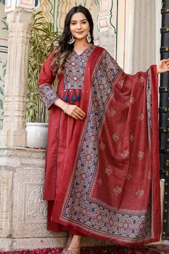 Maroon cotton cambric a-line kurti with palazzo & dupatta | hand, tussle & lace work
