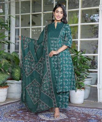 Teal cotton printed a-line kurta set 1