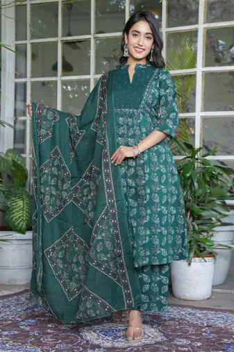 Teal cotton a-line kurti with pant & dupatta | hand embroidery & printed work