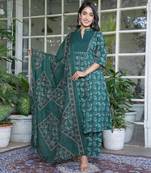 Teal cotton printed a-line kurta set
