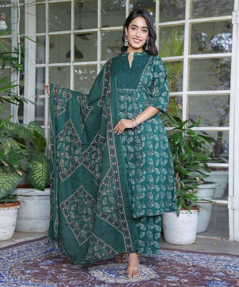 Teal cotton printed a-line kurta set
