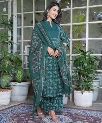 Teal cotton printed a-line kurta set 2
