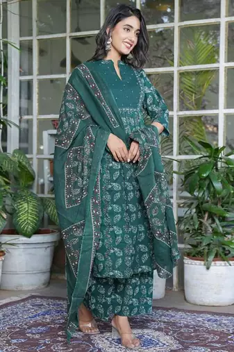 Teal cotton printed a-line kurta set