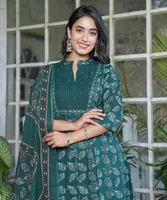 Teal cotton printed a-line kurta set 3