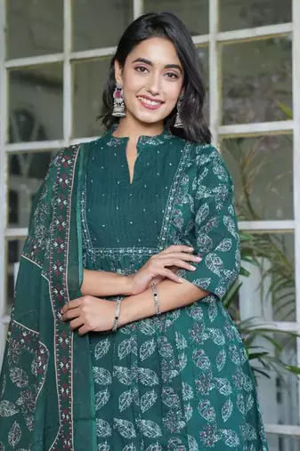 Teal cotton printed a-line kurta set