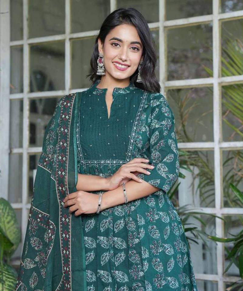Teal cotton printed a-line kurta set
