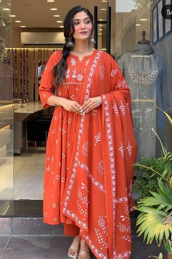 Rust orange cotton cambric anarkali kurti with pant & dupatta | hand embroidery & lace work