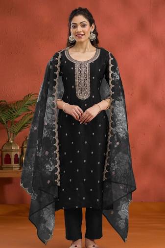 Elegant black cotton embroidered salwar suit with floral organza dupatta