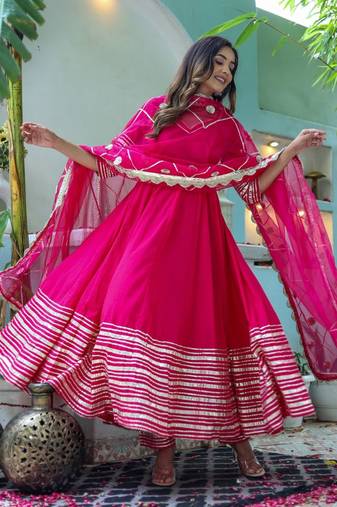 Vibrant pink rayon anarkali set with organza dupatta & lace detailing