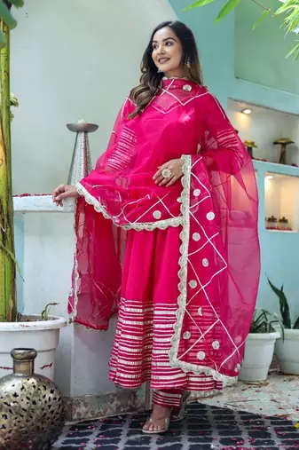  pink anarkali set with organza dupatta