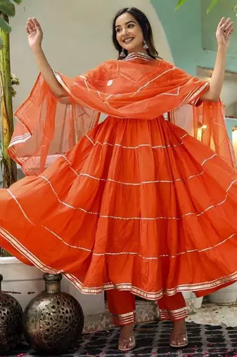 elegant orange cotton anarkali set with silver lace & organza dupatta
