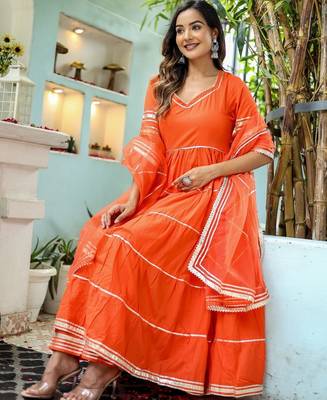 orange anarkali set with organza dupatta 2