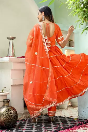 orange anarkali set with organza dupatta