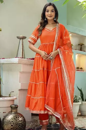 orange anarkali set with organza dupatta
