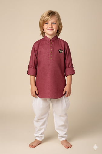 Maroon linen short kurta for boys