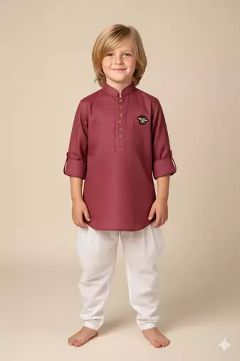 Maroon linen short kurta for boys