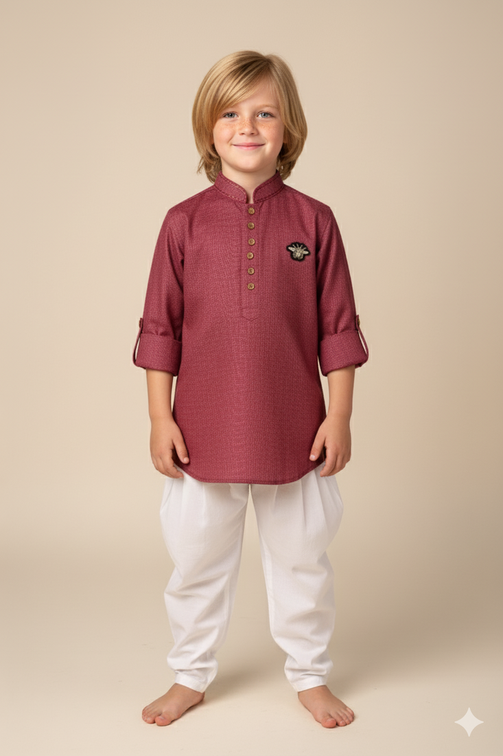 Maroon linen short kurta for boys