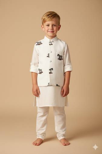 White embroidery on white modal kurta bandi set for boys