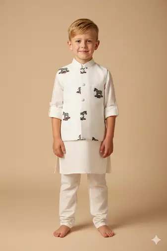 White embroidery on white modal kurta bandi set for boys