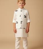 White embroidery on white modal kurta bandi set for boys