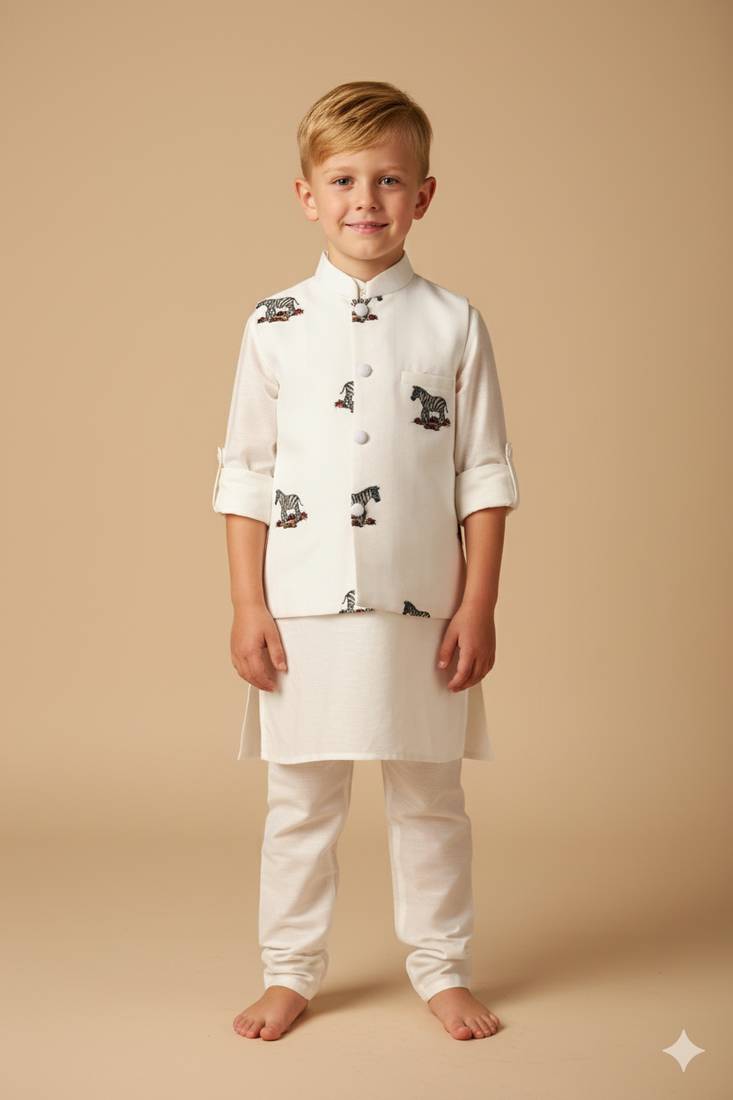 White embroidery on white modal kurta bandi set for boys