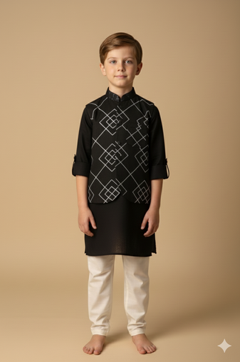 Blue embroidered viscose kurta bandi set for boys