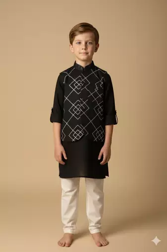 Blue embroidered viscose kurta bandi set for boys