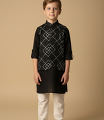 Blue embroidered viscose kurta bandi set for boys